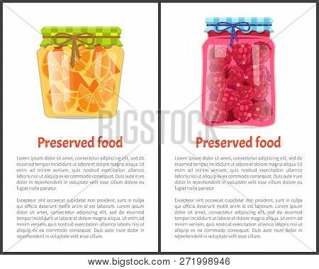Preserved Food Poster Sliced Oranges And Raspberries Canned In Small Glass Container. Exotic Citrus 