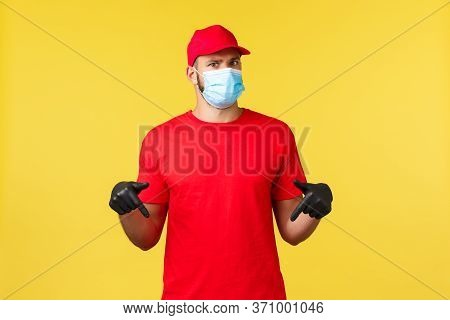 Express Delivery During Pandemic, Covid-19, Safe Shipping, Online Shopping Concept. Confused And Uns