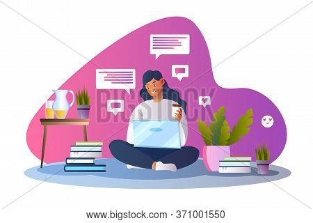Online Education Vector Concept With Smiling Female Character Studying On The Floor With Laptop. Sto
