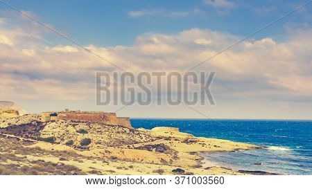 Castle San Ramon Above Beach Of El Playazo, Cabo De Gata Nijar, Province Almer