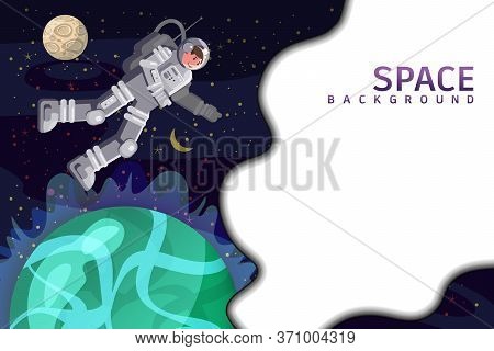 Space Background Card With Spaceman, Sun, Planet, Stars. Austronaut Panoramic Space Template. Banner