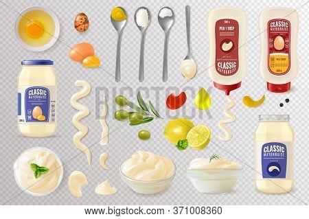 Realistic Mayonnaise Transparent Background Set. Realistic Mayonnaise And Ingredients Set. Glass Jar