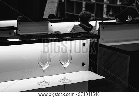 Sommelier, Cavist. Two Glasses On The Table, White Wine. Wine School. Wine Tasting.
