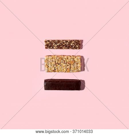Top View Of Various Healthy Granola Bars (muesli, Chocoltae, Protein, See, Cereal Bars). Set Of Ener