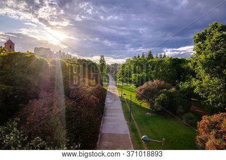 Valencia Turia River Gardens Jardin Del Turia, Leisure And Sport Area, Spain. Sunset Panorama.