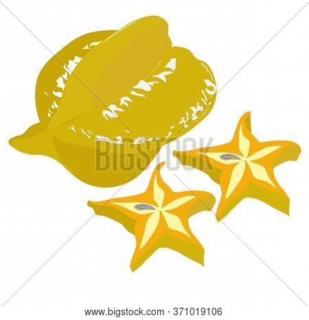 Vector Stock Illustration Of Carambola. Tropical Yellow Fruit Cut Into Slices Close-up. Isolated On 
