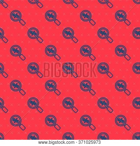 Blue Line Magnifying Glass With Percent Icon Isolated Seamless Pattern On Red Background. Discount O