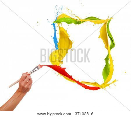 女人的手绘画溅帧，孤立的白色背景上