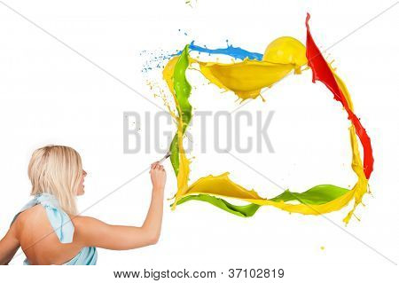 美丽 paintress 绘画彩色溅帧，在白色背景上孤立