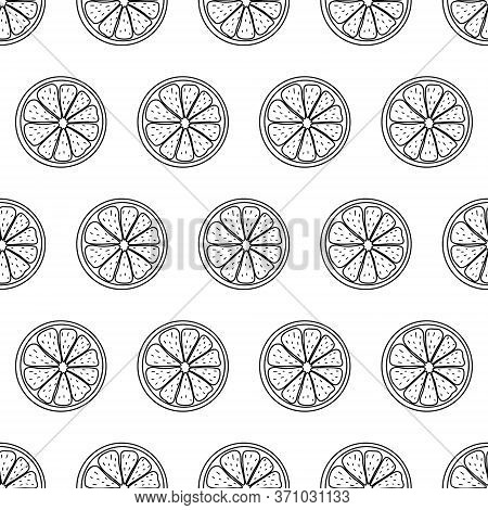 Black And White Seamless Pattern With Sliced Pieces Of Citrus Fruit. Stylish Simple Backdrop. Vector