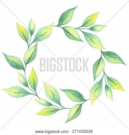 Botanical Wreath. Composition Of Watercolor Leaves. Watercolor Wreath Of Leaves. Greeting Card, Invi