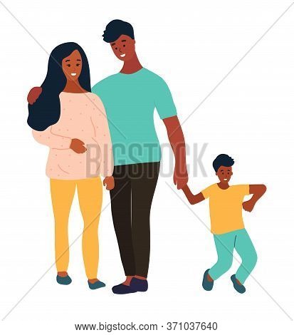 Hand Drawn Flat Style Vector Illustration. Black African Pregnant Woman Is Walking With Her Husband,