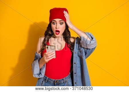 Addicted Shocked Youngster Millennial Girl Use Smartphone Read Social Network Commets Impressed Touc
