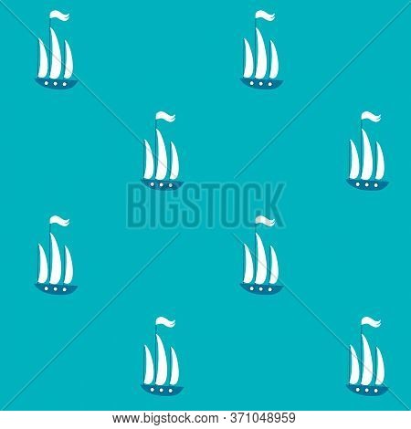 Blue Ship Wih White Sails And Flag On Solid Cyan Background, Seamless Vector Pattern. Nautical Digit