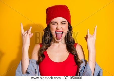 Portrait Crazy Positive Cheerful Wild Teen Girl Youth Enjoy Pank Concert Weekend Make Horned Symbol 