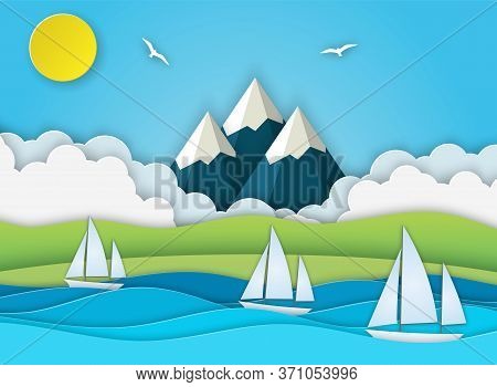 Sea Landscape With Island, Waves, Clouds. Sailboat In The Sea. Paper Cut Out Digital Craft Style. Ab
