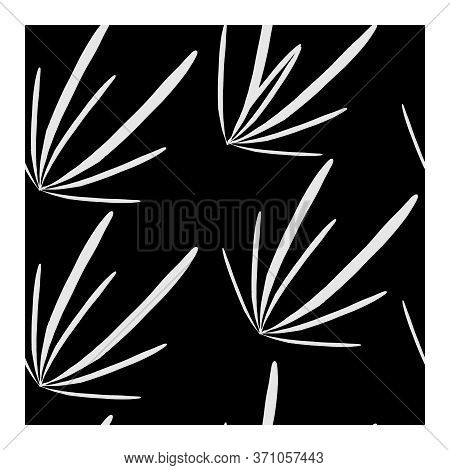 Seamless Pattern With Abstract White Leaves On A Black Background. Contrasting, Minimalistic Pattern