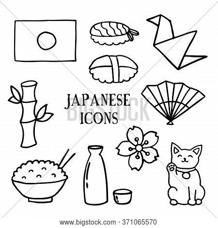 Japanese Doodle Icons Set, Vector Line Illustration