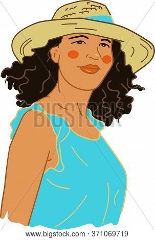 Vector Portrait Of A Pretty Woman Wearing Hat. Summer Season Theme. Young Brunette Lady In Blue Dres
