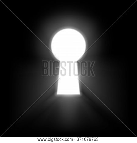 Keyhole Illuminated Rays Of Light Isolated On Black Background. White Keyhole Symbol Of Hope Or Succ