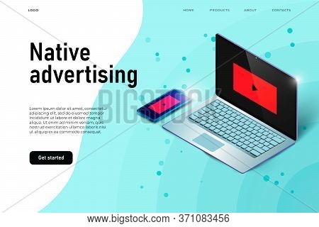 3d Laptop And Isometric Smartphone Showing A Native Advertisign, Landing Page Concept,