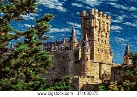 Alcazar Of Segovia Facade With Large Tower And Conical Roofs In A Sunny Day At Segovia. An Ancient C