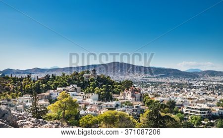 Panoramic Cityscape View Of National Observatory Of Athens And Church Of St Marina In Thissio In Ath