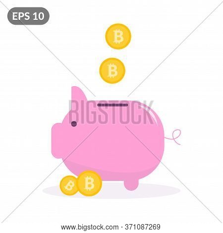 Pink Piggy Bank With Falling Gold Bitcoins Concept. Illustration Of Investing In Bitcoin