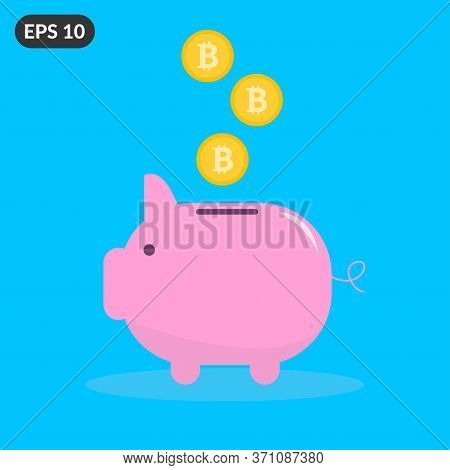 Bitcoin Gold Coins Falling Into The Piggy Bank Concept. Flat Style