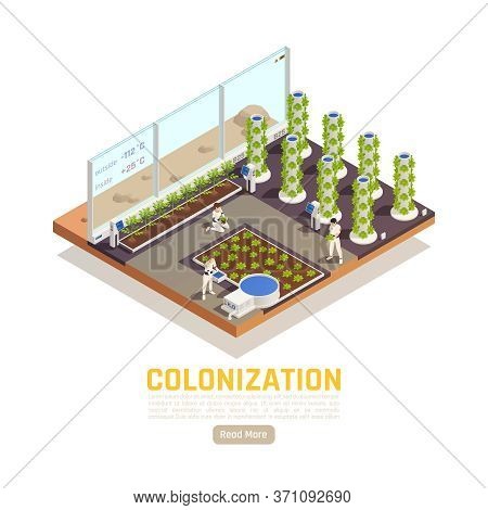Space Colonization Terraforming Isometric Background With People Gardening Earth Plants In Hothouse 