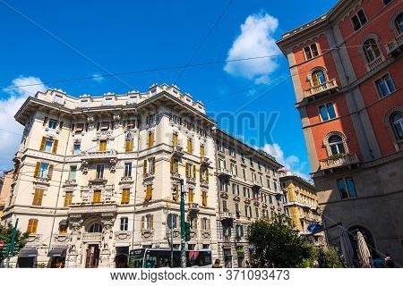 Genoa, Italy - August 18, 2019: Via Xx Setembre, The Main Boulevard In Genoa With Its Arcades, Beaut