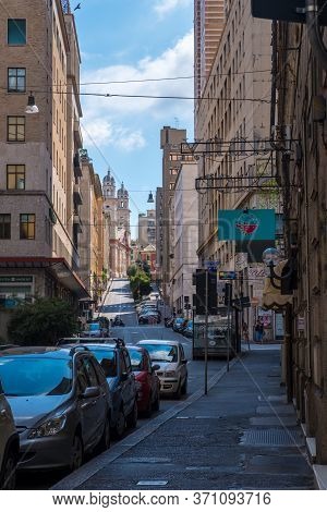 Genoa, Italy - August 18, 2019: Via Xx Setembre, The Main Boulevard In Genoa With Its Arcades, Beaut