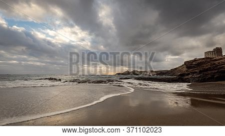 Sa Mesquida Beach In A Stormy Day, And Old British Defense Tower, Abandoned Paradise Beach In Menorc