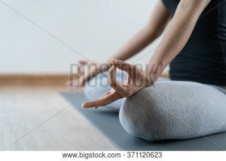 Yoga And Meditation Lifestyles. Close Up View Of Young Beautiful Woman Practicing Yoga Namaste Pose 