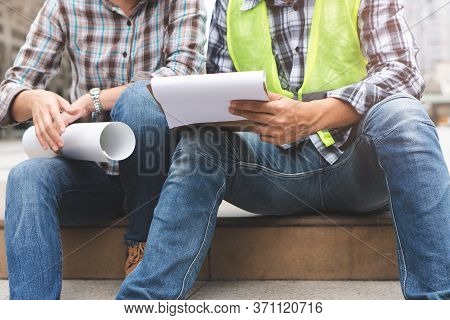 Construction Builder Teamwork Work Concept. Top View Of Engineer And Architect Planning Work. Male F