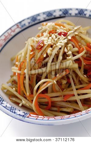Kinpira Gobo, sautierten größere Klettenwurzel und Karotte, japanische Küche