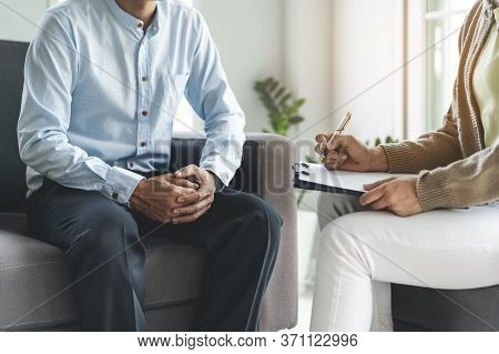 Psychologist Talking With Depressed Patient About Mental Condition.