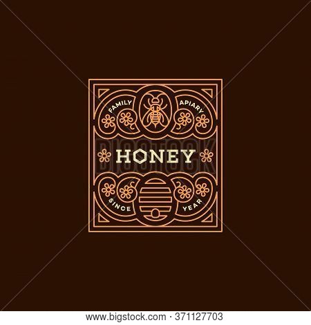 Label Design Tamplate In Trendy Linear Style For Honey Packaging Witn Floral Ornament, Bee And Beehi