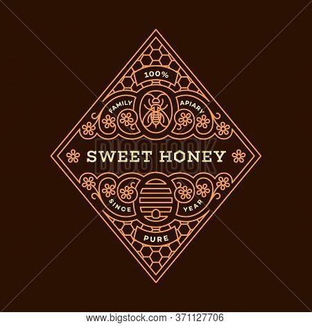 Label Design Tamplate In Trendy Linear Style For Honey Packaging Witn Floral Ornament, Bee And Beehi