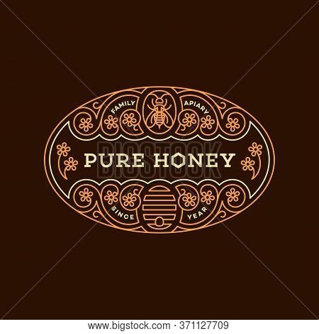 Label Design Tamplate In Trendy Linear Style For Honey Packaging Witn Floral Ornament, Bee And Beehi