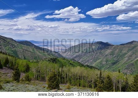 Rocky Mountain Wasatch Front Peaks, Panorama Landscape View From Butterfield Canyon Oquirrh Range To