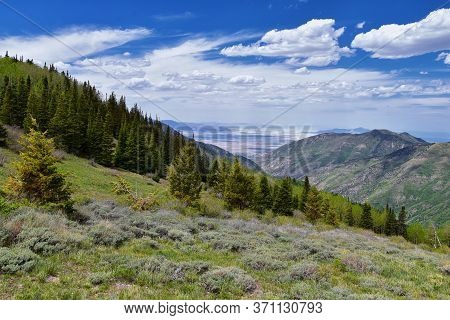 Rocky Mountain Wasatch Front Peaks, Panorama Landscape View From Butterfield Canyon Oquirrh Range To