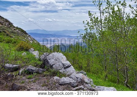 Rocky Mountain Wasatch Front Peaks, Panorama Landscape View From Butterfield Canyon Oquirrh Range To
