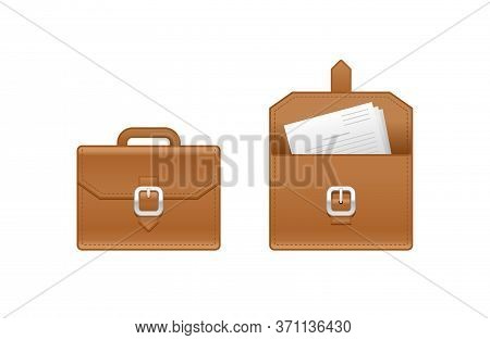 Leather Birefcase Icon In 2 Variations - Closed And Opened With Business Documentation Papers - Vect