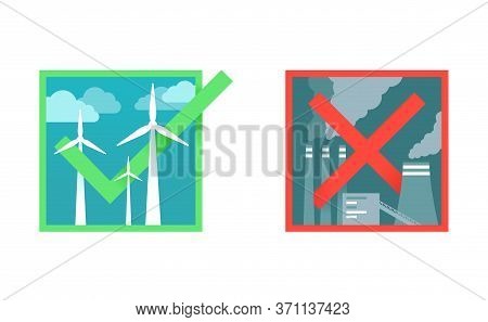 Environmental Protection Eco Icons - Tick (check) Sign With Wind Farm And Blue Cloudy Sky And Cross 