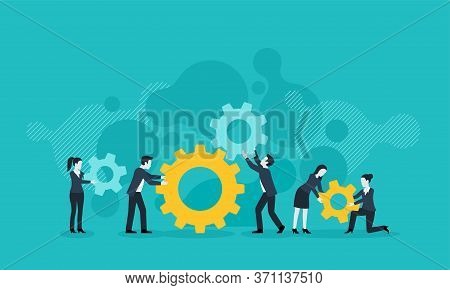 People Team With Gears - Business Management And Working Process Conceptual Illustration - Vector Co