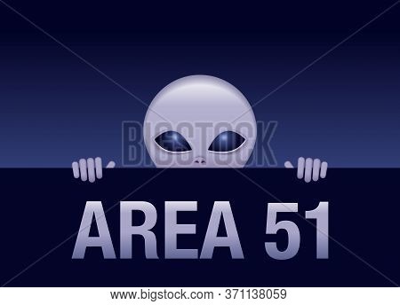 Area 51 - Gray Alien Looking Out From Behind The Fence Of Secret Territory - Vector Fantastic Pictur