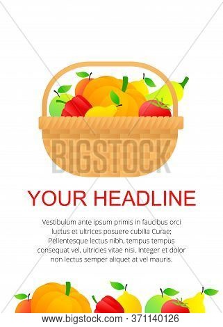 Wicker Basket Full Of Vegetables And Fruits - Vector Template For Autumn Harvest Festivals And Food 