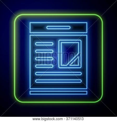 Glowing Neon Newspaper Advertisement Displaying Obituaries Icon Isolated On Blue Background. Vector