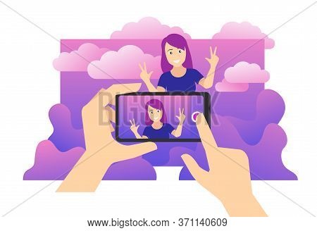 Photo For Social Media Concept - Hands Holds Phone And Making A Digital Photo Of Cute Young Woman  -